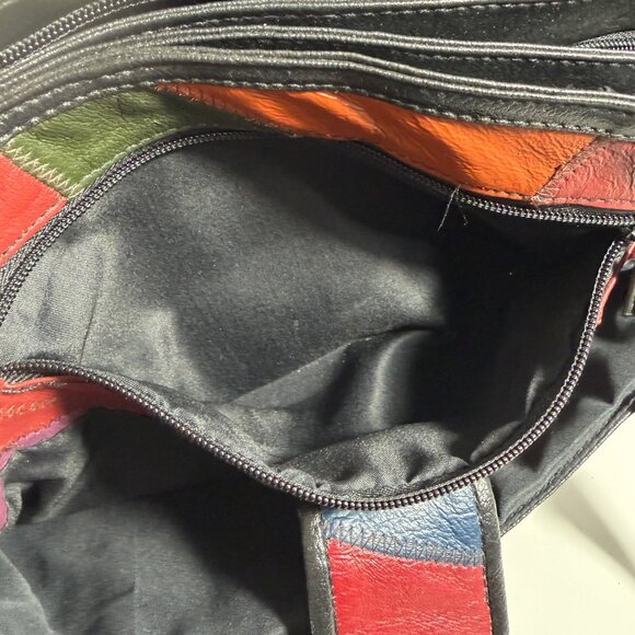 Vintage 80s Crazy Quilt Patchwork Leather Woven Detail Triple Entry Shoulder Bag - Picture 13 of 15